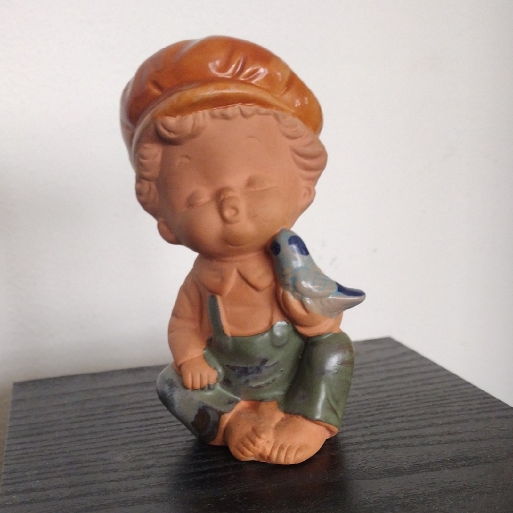 Vintage Japan Red Clay Terracotta Figurine - Boy Wearing Overalls with Blue Bird